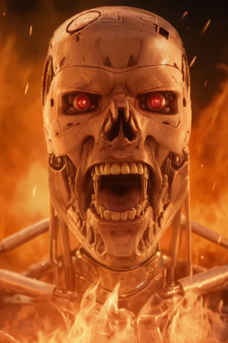 T800_Endo, Terminator robot, score_9, score_8_up, score_7_up, (source_IRL, source_movie), cinematic, realistic, masterpiece, high quality, highres RAW photo, ((close-up shot, close-up head shot, front view))
a T800_Endo Terminator Robot with red eyes, he is made of metal, he is made of shiny chrome metal, new, clean, <lora:T800_Endo_Terminator_Pony_v1-000013:1>
(standing in flames, mouth open: 1.4, screaming: 1.4)
black background, in flames, fire, flames and fire everywhere, there is so much fire
dynamic lighting, highly detailed, intricate details