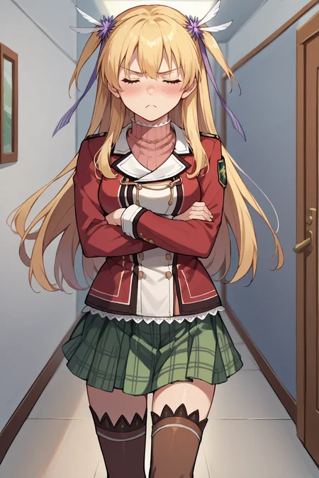 score_9, score_8_up, score_7_up, score_6_up, source_anime, BREAK 1girl  <lora:alisareinford-pdxl-nvwls-v1-000006:1> sen1alisa, blonde hair, two side up, purple ribbon, turtleneck, red jacket, green miniskirt, brown thighhighs, medium breasts, closed eyes, blush, pout, crossed arms, wince, hallway