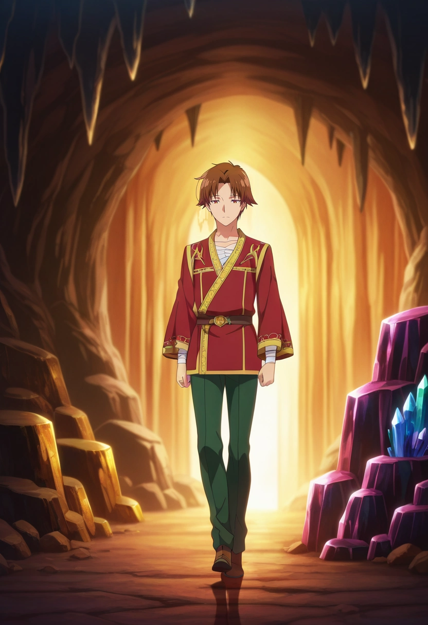 masterpiece, best quality, intricate details, anime screencap, anime coloring, official style, , 1boy, solo, male focus, <lora:kiyotaka_ayanokouji_ilxl:0.92>, kiyotaka_ayanokouji, brown hair, brown eyes, short hair, bangs, parted bangs, , dragon sanctuary, sleeping dragons, treasure hoard, crystal cave, careful stepping, quiet expression, warm lighting,