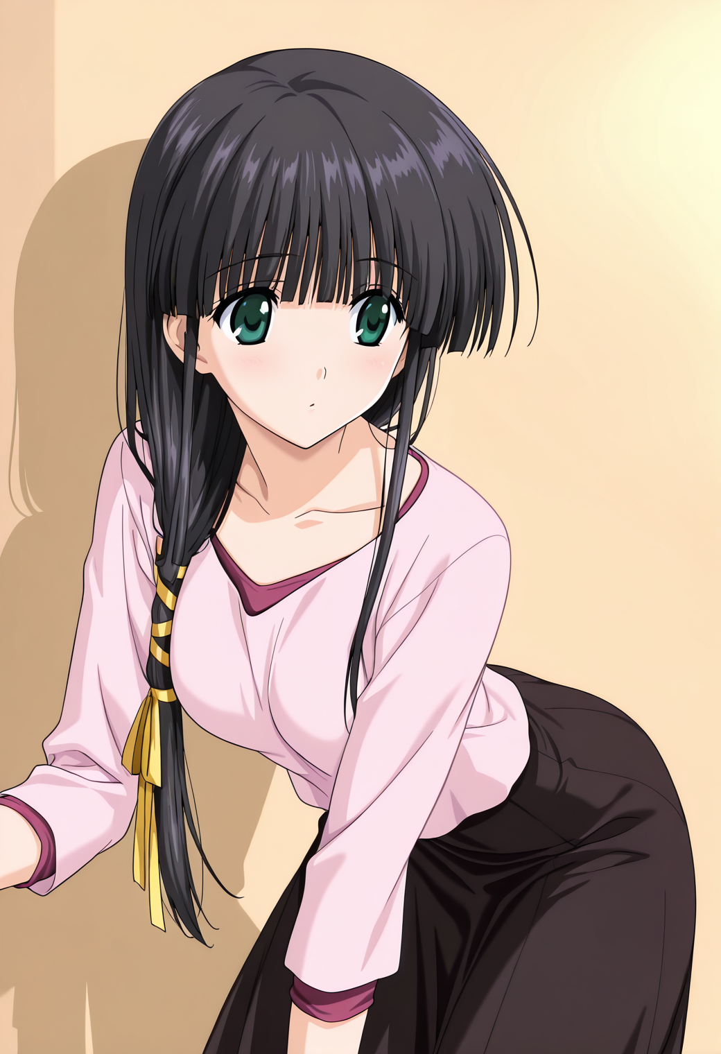 masterpiece, best quality, very aesthetic, absurdres, 1girl, solo,
<lora:hasebe_aya_v01:0.9>, hasebe_aya, aya_casual3, black hair, low-tied long hair, ponytail, hair over shoulder, blunt bangs, sidelocks, green eyes,
yellow hair ribbon, pink shirt, loose neck, long sleeves, black skirt, long skirt, posing