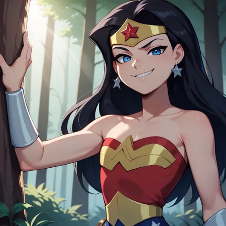 score_9, score_8_up, score_7, BREAK, solo, cute, 1girl, ww_ju, black hair, long hair, blue eyes, star (symbol), earrings, upper body focus, tiara, wrist braces, forest, smirk, looking at viewer, sunlight, shadow, natural lighting