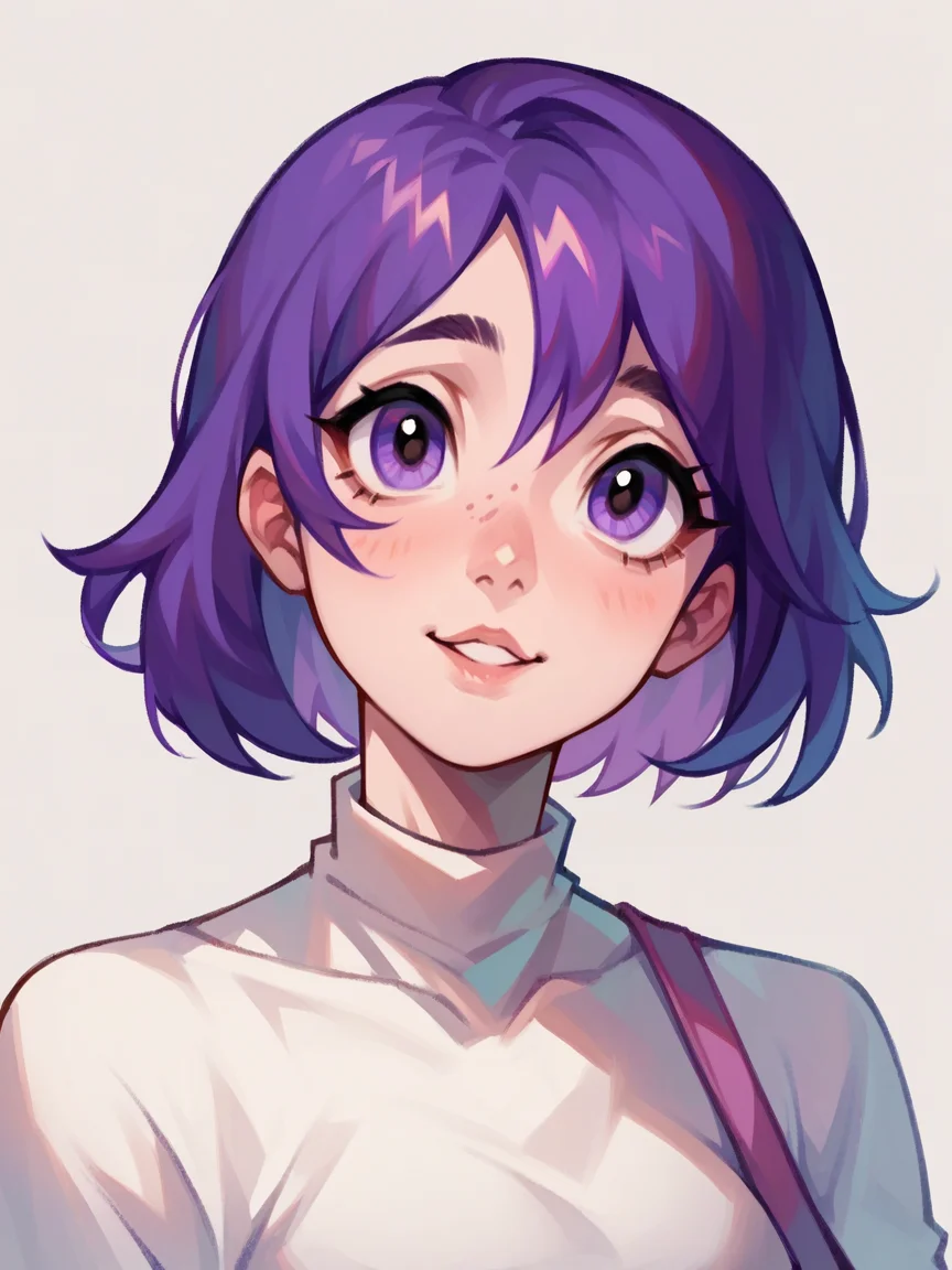 score_9, score_8_up, score_7_up, score_6_up, score_5_up,   <lora:denaseeyXLP:1> denaseey, 1girl, purple hair, cute
