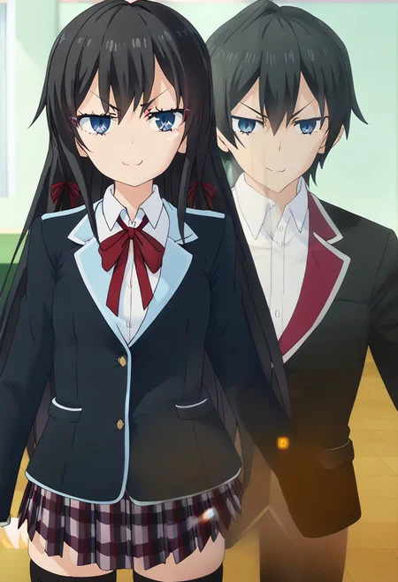 anime screencap,
possessed,(matching pose),(transparent male),1boy,1girl,
shiyukino, black hair, long hair, blue eyes, hair ribbon, red ribbon, neck ribbon, school uniform, black jacket, collared shirt, white shirt, blazer, sobu high school uniform, pleated skirt, plaid skirt, thighhighs,
standing, looking at viewer,
smug, angry eyes