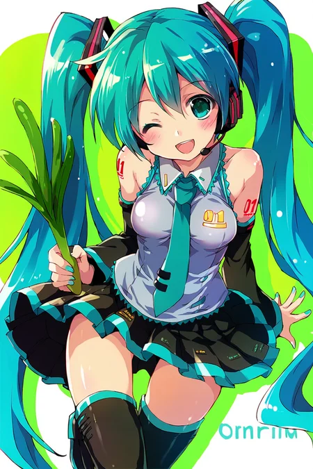 score_9,score_8,<lora:komatsu_Eiji_Modern_Style_Pony_V1:1>,hatsune miku,1girl,solo,long hair,thighhighs,twintails,one eye closed,spring onion,necktie,detached sleeves,very long hair,aqua hair,skirt,blush,open mouth,headset,aqua eyes,thigh boots,boots,character name,smile,green eyes,