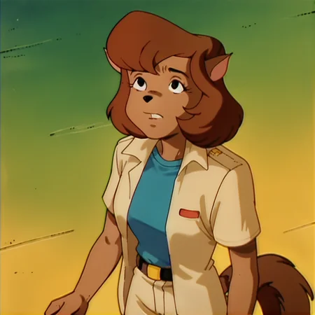 score_9, score_8_up, score_7_up, score_6_up, score_5_up, score_4_up, abbysinian. <lora:abby_sinian:1>, abbysinian, 1girl, solo, closed mouth, shirt, animal ears, standing, jacket, tail, short sleeves, open clothes, teeth, belt, pants, black eyes, open jacket, looking up, blue shirt, furry, retro artstyle, shirt tucked in, brown pants, yellow pants, brown fur, body fur, furry female, brown hair, short hair, cat ears, cat girl