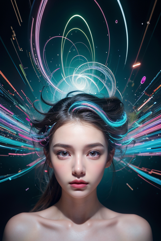 1girl,Digital art rendering of a contemplative figure, encircled by a swirl of mesmerizing, A generated photographs within a 'Broken Reality' theme. The photographs display a blend of surreal, fragmented scenes - urban skylines that twist into impossible shapes, natural landscapes that defy gravity, and ethereal spaces where time and space seem to warp. The scene is awash with a vibrant, otherworldly color palette, illuminated by dynamic, digital lighting that casts bizarre shadows and surreal glows. The style is a fusion of modern digital art and surrealism, echoing the visionary works of Beeple and Salvador Dali, characterized by crisp, high-definition detail, and a captivating, dream-like yet fragmented quality,(closeup:1.1)
<lora:TWbabe10:0.4>