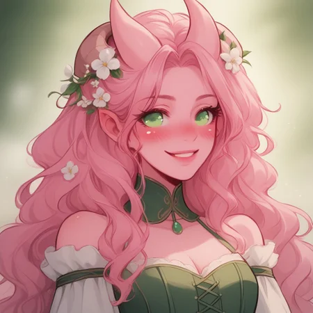 Score_9, Score_8_up, Score_7_up, (masterpiece), best quality, perfect face, perfect anatomy, Tiefling, pointed ears, horns, colored sclera, tail, pink skin, anime girl, green eyes, slim, pink hair, wavy hair, long hair length, white flowy dress, green corset that highlights her waist, white flowers in hair, romantic aura, cleavage, romantic perspective, smiling, nervous, blushing, beautiful perspective. blurred background, nature background