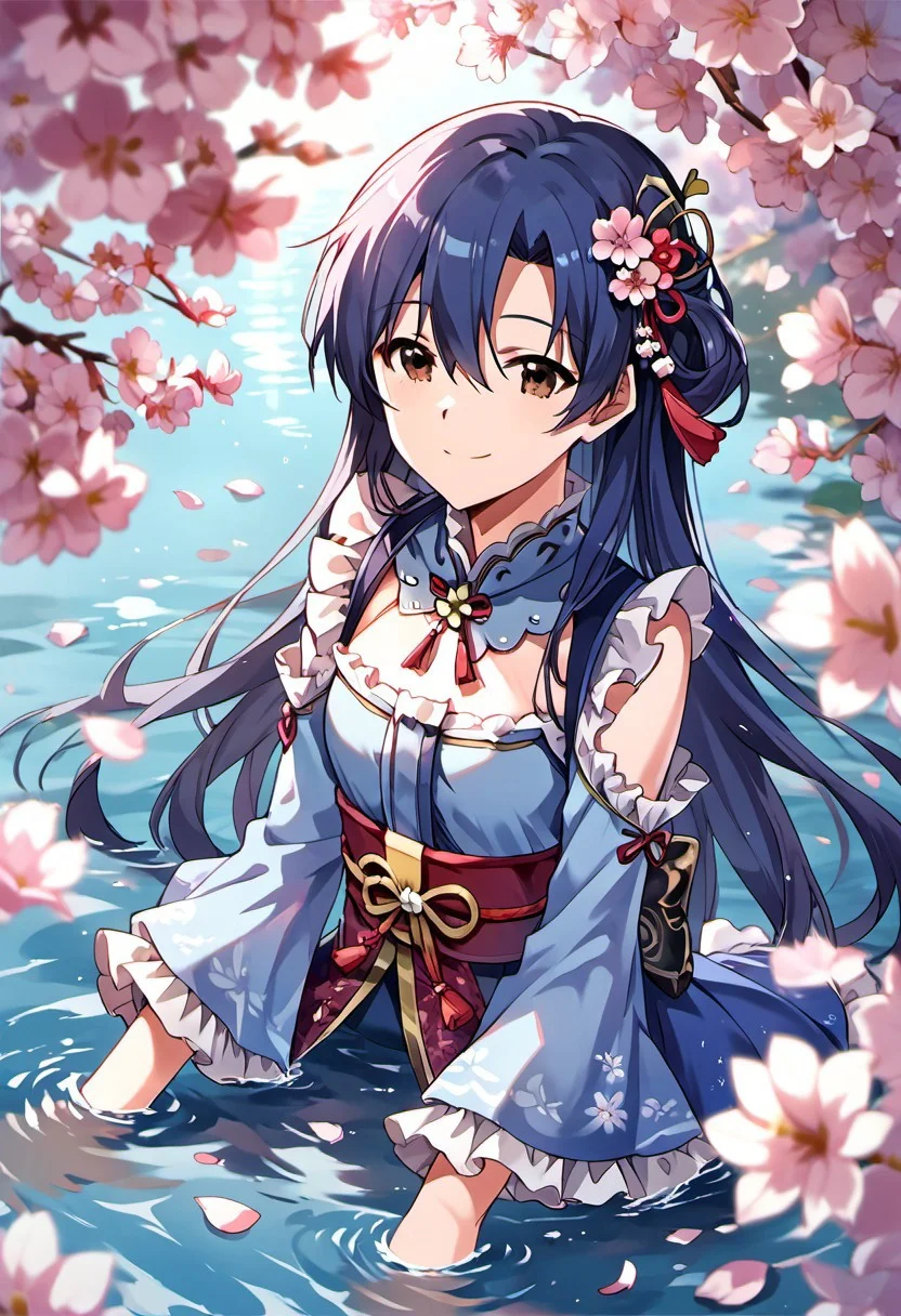 score_9, score_8_up, score_7_up, source_anime, kisaragi chihaya, blue hair, long hair, brown eyes, 1girl, solo, cherry blossoms, hair ornament, flower, smile, hair flower, frills, frilled sleeves, water, hair between eyes, blurry foreground