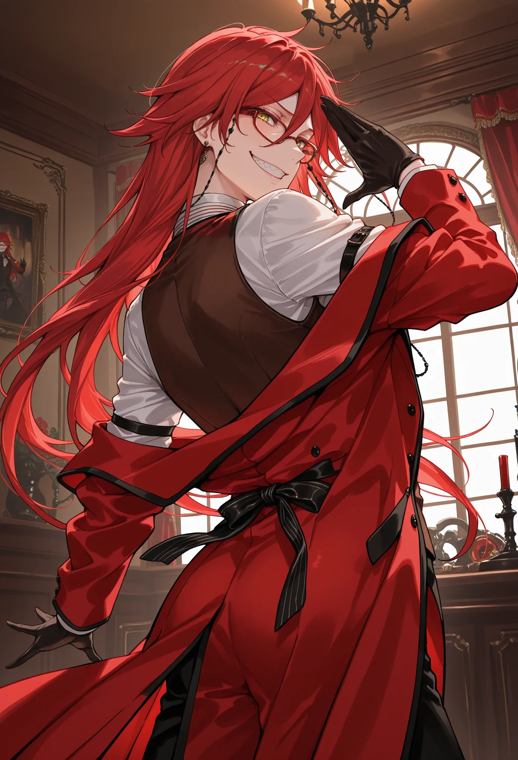 masterpiece, best quality, 1boy, <lora:grell-sutcliff-v1-illustrious:0.9>, grin, dynamic pose, coat partially removed, grell sutcliff, eyewear, cowboy shot, very awa, solo, 96yottea, kuroshitsuji, gloves, pose, aristocratic interior, dark fantasy, from behind, looking back,