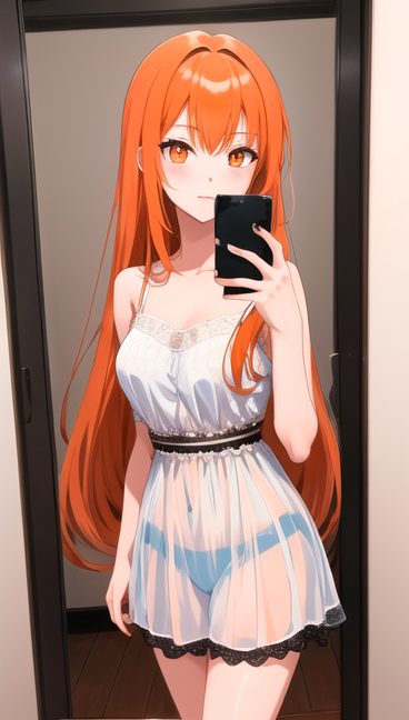 <lora:MirrorSelfieLora:1>, 1girl, anime, mirror selfie, holding phone, orange long hair, detailed orange eyes, teenage girl, see-through black langerie, city apartment, dark illumination, low light, masterpiece, detailed shadows, highly detailed, best quality, HD, 4K, high quality