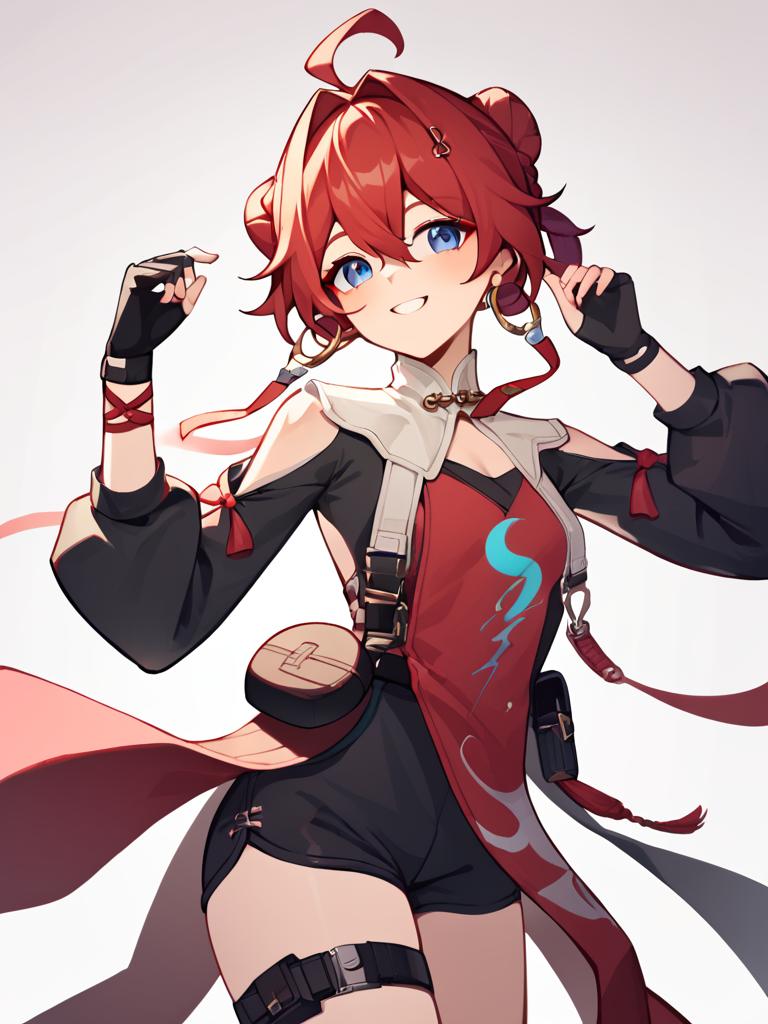 score_9,score_8_up,score_7_up,  <lora:wuthering_waves_all:1>ï¼1girl, character: danjin (wuthering waves), solo, simple background, white background, cowboy shot, from side, looking at viewer, looking to the side, light blush, smile, blue eyes, hair between eyes, red hair, short hair, ahoge, braided bun, double bun, hair intakes, small breasts, cleavage, bare legs, thigh pouch, thigh strap, black shirt, black shorts, fingerless gloves, long sleeves, puffy sleeves, shoulder cutout, absurdres, highres, chinese knot, red tabard, commentary, folded braid, ofuda earrings