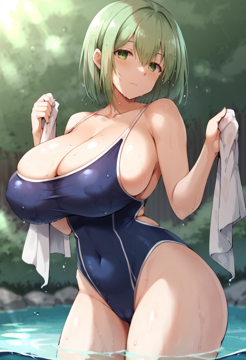 score_9, score_7_up,  1girl, 
huge breasts, wide hips, thick thighs, standing, swimsuit, school swimsuit, hair between eyes, holding, old school swimsuit, short hair, wet, hands up, closed mouth, wading, solo, holding towel, breasts, cleavage, water, taut clothes, sideboob, covered navel, green hair, towel, collarbone, blue one-piece swimsuit, wet clothes, one-piece swimsuit, thighs, wet swimsuit, taut swimsuit, cowboy shot, looking at viewer, green eyes, cameltoe, curvy
 <lora:kurikara-Style-PonyXL-GLoRA-000037:1>