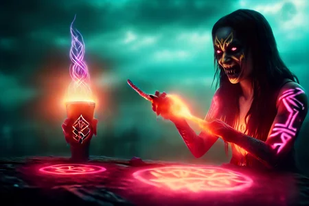 Hyperrealistic art A witch with a wicked grin drinking blood in a glass, casting a spell in the foreground and fire lights in the background with the bokeh effect. Ultra realistic <lora:Darkness:.6> Darkness <lora:Demon Girl:.7> Demon Girl style, Demon style <lora:Almawade:.6> alma <lora:GlowingRunesAIv4:.7> GlowingRunes_red, GlowingRunes_paleblue, GlowingRunes_green, GlowingRunes_purple, GlowingRunes_yellow, GlowingRunes_pink . Extremely high-resolution details, photographic, realism pushed to extreme, fine texture, incredibly lifelike