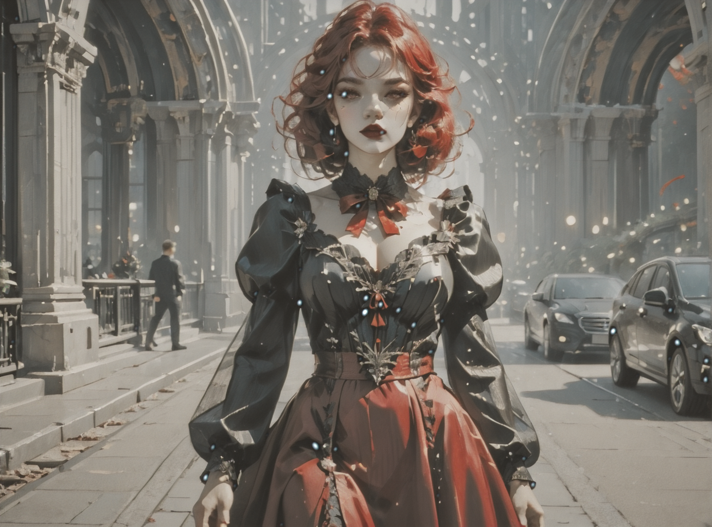 score_9, score_8_up, score_7_up, setting focus, character in foreground, establishing shot, woman, pale skin, huge breasts, <lora:sm0k3XLP:1>, <lora:goth_clothes:1>, vampire dress, black details, red lining, Shoulder length hair, unnatural haircolor, <lora:john:1>, <lora:lora:1> Fantasy Art Deco,