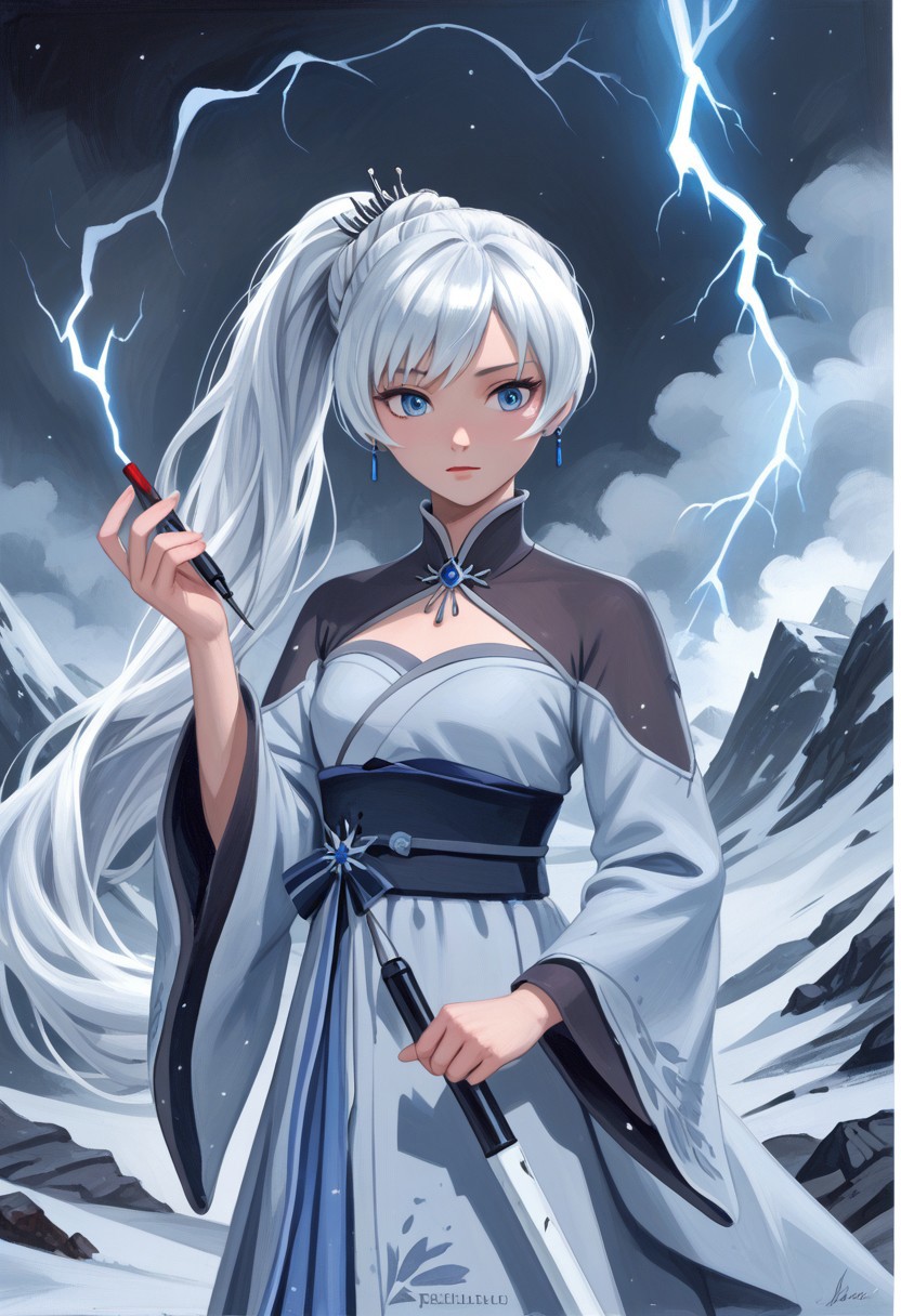 score_9, score_8_up, score_7_up,source_anime,  traditional media, painting (medium), watercolor (medium), high res image, masterpiece, best quality, beautiful eyes, perfect eyes,
 Weiss Schnee, Weiss Schnee, long hair, ponytail, white hair, blue eyes, small breasts, mature body,  wearing a fancy Japanese kimono, holding a lightning, Jagged Mountains background, black and purple swirling colors in background, realistic lighting 3D, anime, art by michellekuku