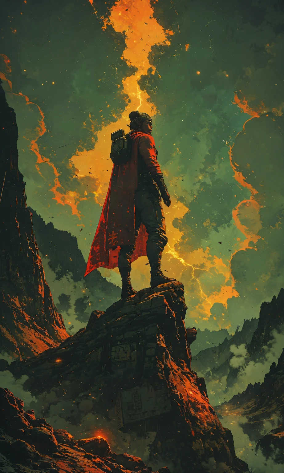 A legendary Norse scene capturing the powerful figure of Thor, the thunder god, standing atop a rugged cliff, bathed in the radiant glow of a stormy sky. His iconic Mjolnir hammer crackles with divine lightning, casting intricate shadows on his muscular form. Surrounding him, runic symbols and Norse artifacts are etched into the cliffside, resonating with ancient power. The vast expanse of rugged mountains and fjords stretch endlessly into the horizon, painted with a dramatic palette of greys and stormy blues. The atmosphere is electric with the promise of thunder, the clouds swirling with hints of ethereal green and gold, creating a mesmerizing contrast. Thor's red cape billows in the tempestuous wind, adding vibrant color to the brooding scene, while his eyes reflect the storm's fierce energy. The entire composition is captured in stunning 8k detail, embodying the epic scale and mythical grandeur of Norse mythology, a true masterpiece of strength and divine majesty. <lora:MoriiMee_Gothic_Niji_Style_FLUX:0.6> <lora:FluxMythG0thicL1nes:0.8> <lora:Luminous_Shadowscape-000016:1.0> <lora:flux_dev:1>