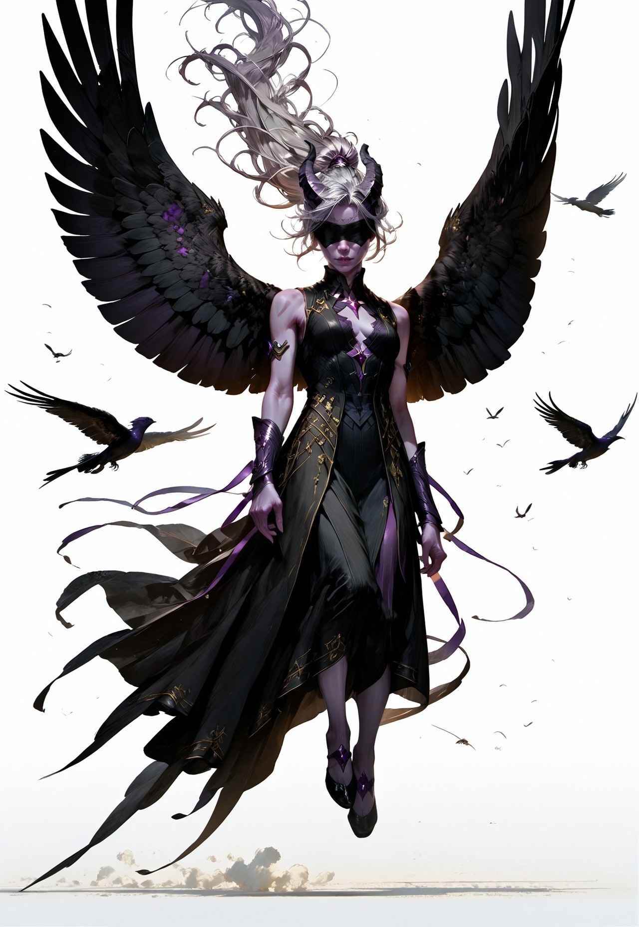 (absurdres, best quality, masterpiece:1.4), 
score_9, score_8_up, score_7_up, score_6_up, 
detailed, 
detailed body, 
detailed face, 
(((smooth skin, unbroken skin, detailed skin))), 
fantasy, 
alone, 

female, 
tiefling, 
h0rns, 
ram horns, 
black horns, 
tall, 
((((purple skin)))), 
((long grey hair, ponytail)), 
(((wingsd, black wings))),

floating, flying, hovering, weightless, 

(white robe, sleeveless, 
blindfold, black cloth blindfold), 

(((white background, plain background))), 
full body, 
front view, 