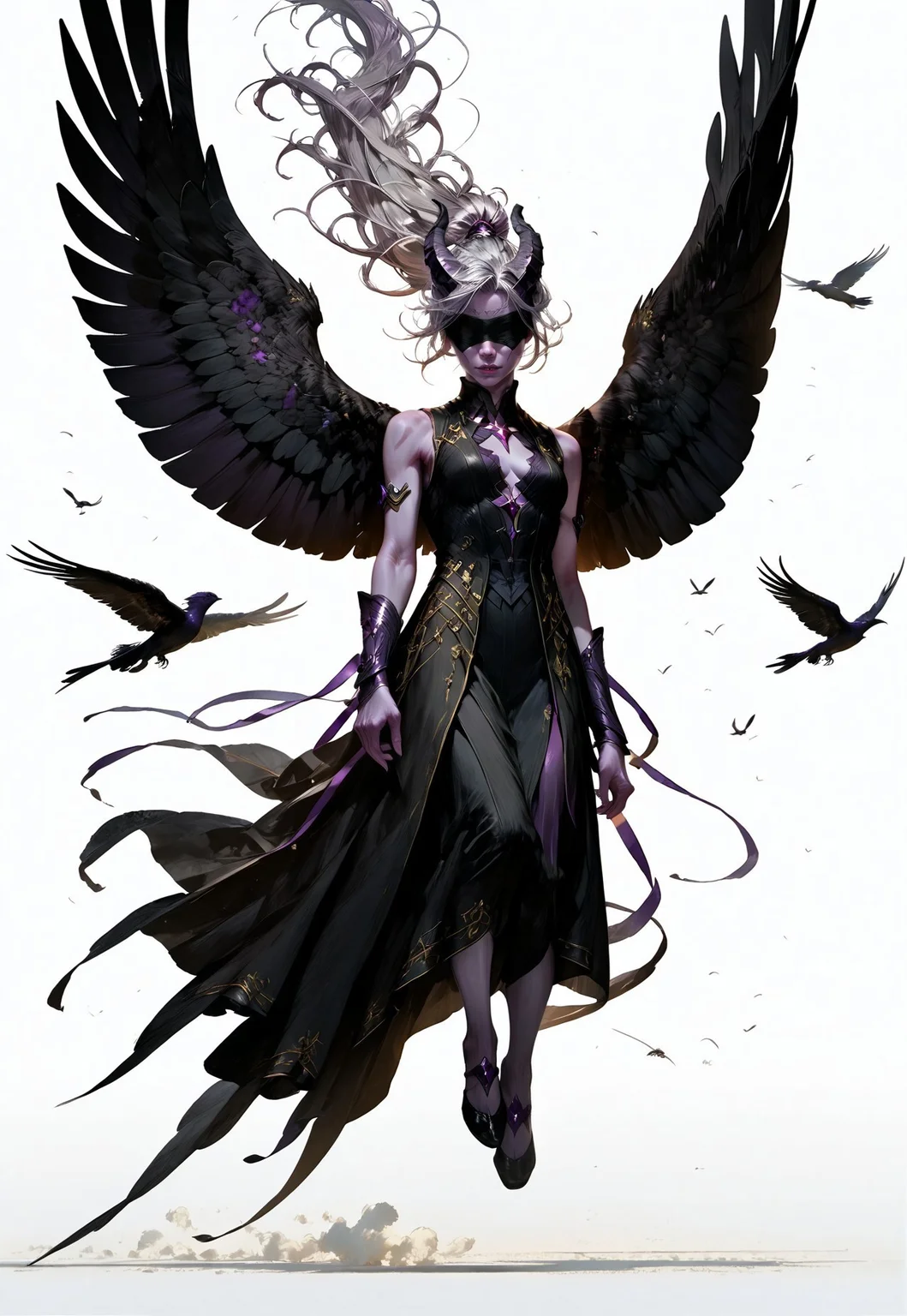 (absurdres, best quality, masterpiece:1.4),
score_9, score_8_up, score_7_up, score_6_up,
detailed,
detailed body,
detailed face,
(((smooth skin, unbroken skin, detailed skin))),
fantasy,
alone,
female,
tiefling,
h0rns,
ram horns,
black horns,
tall,
((((purple skin)))),
((long grey hair, ponytail)),
(((wingsd, black wings))),
floating, flying, hovering, weightless,
(white robe, sleeveless,
blindfold, black cloth blindfold),
(((white background, plain background))),
full body,
front view,