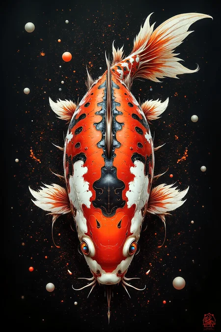 YFG-Sm0rg, YFG-Zaat, Ink splash art painting of a koi fish, very aesthetic, epic, majestic, fantasy art, dreamy, perspective, moody, magical, intricate details, highly detailed, ultra-detailed, absurdres, beautiful, painterly, detailed, textural, artistic, vivid, vibrant, black background.