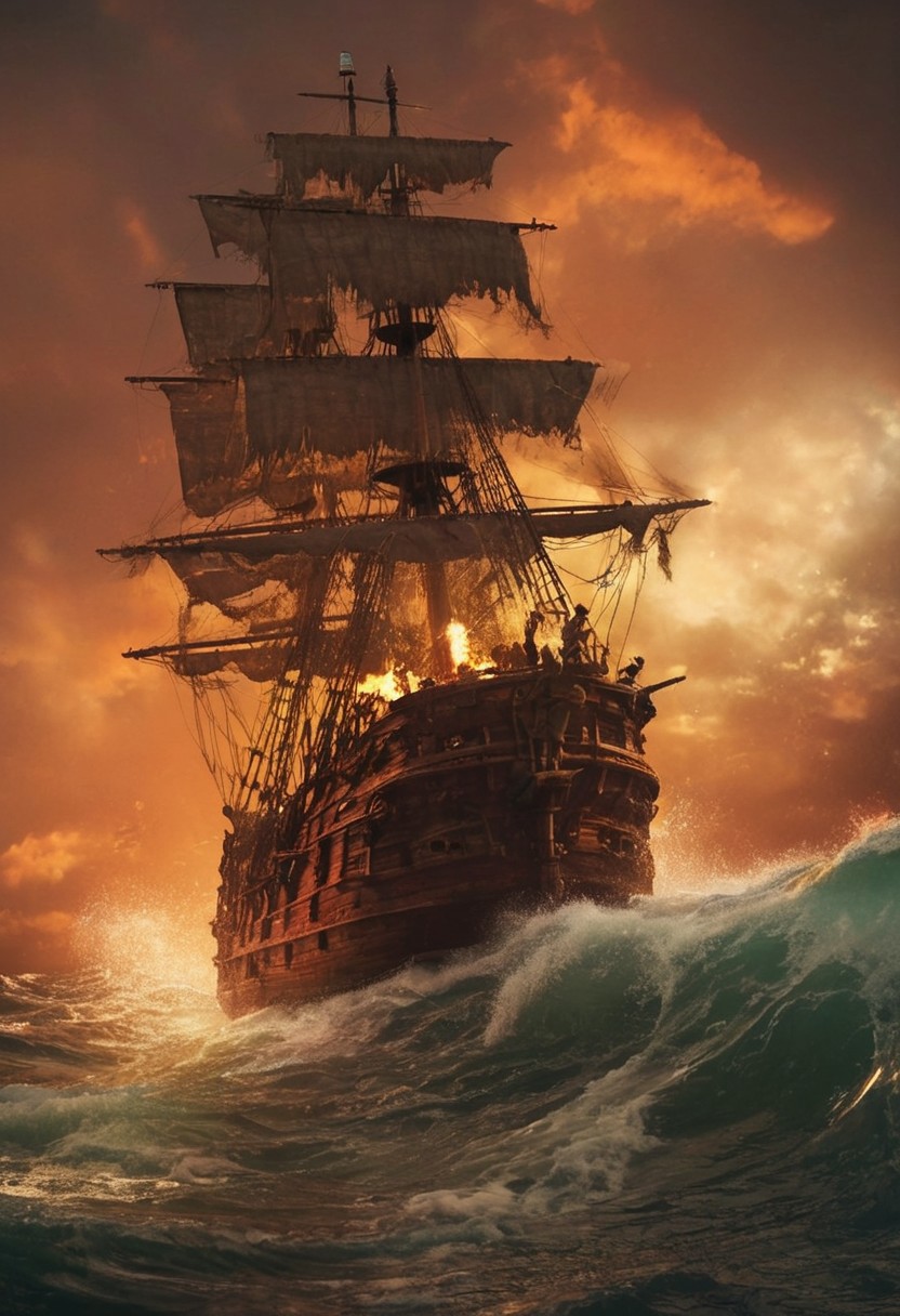 pirate ship, sailing in the rough ocean, moody, with a high-budget. The image has a film grain and is very detailed, with a photo realistic, candid camera effect. The color grading is cinematic, with eye-catching light and natural imperfections, cannon firing on side deck, reddish sky, explosion, fire