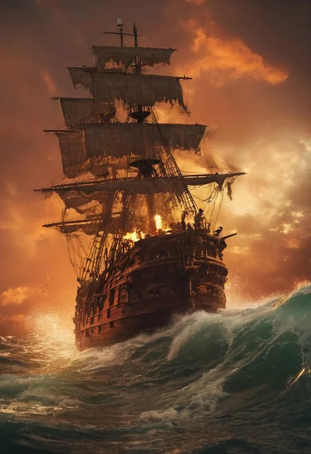 pirate ship, sailing in the rough ocean, moody, with a high-budget. The image has a film grain and is very detailed, with a photo realistic, candid camera effect. The color grading is cinematic, with eye-catching light and natural imperfections, cannon firing on side deck, reddish sky, explosion, fire