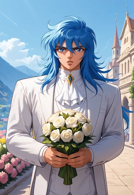 score_9, score_8_up, score_8, score_9, masterpiece, ultra high quality, hd render, male focus, 1boy, young, teen boy, solo, JulianSolo, blue hair, very long wavy hair, blue eyes, bangs, hair between eyes, light skin, young man, parted lips, hair between eyes, white suit, ascot, flowers, holding bouquet, formal suit,
handsome boy, narrow features, standing, dynamic pose, dynamic shot, looking at viewer, formal party scenery, luxury party, hd render, high quality, retro artstyle, 1990s_(style), 1980s_(style),