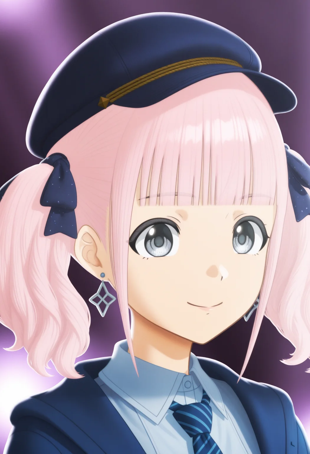<lora:GBC_HINA_illustrious-000020:1>,
GBC_HINA,1girl,solo,twintails,grey eyes,bangs,pink hair,blunt bangs,
blue necktie,collared shirt,shirt,blue jacket,necktie,blue hat,jewelry,earrings,ribbon,hair ribbon,blue headwear,black headwear,striped,cross earrings,upper body,smile