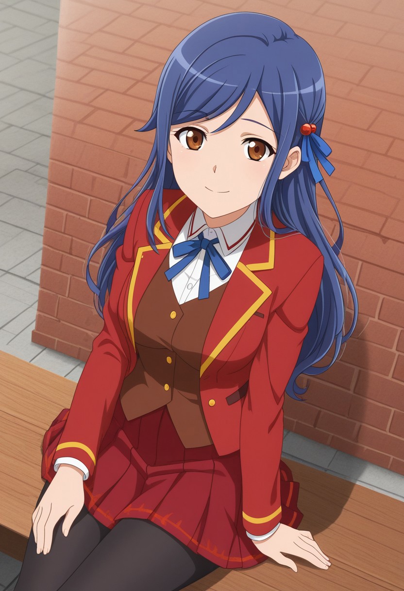 <lora:anime_screencap-IL v-pred:1> anime screencap, anime coloring, best quality, animated, shizuha, solo, long hair, blue hair, breasts, hair ornament, brown eyes, best quality, animated, Shirt, pantyhose, jacket, skirt, school uniform, ribbon, white shirt, red jacket, long sleeves, hair ribbon, pleated skirt, collared shirt, black pantyhose, red skirt, blazer, vest, open jacket, neck ribbon, mini skirt, open clothes, blue ribbon, red vest, brown vest, smile, outside, looking at viewer, sitting