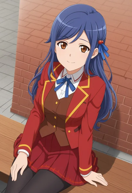 <lora:anime_screencap-IL v-pred:1> anime screencap, anime coloring, best quality, animated, shizuha, solo, long hair, blue hair, breasts, hair ornament, brown eyes, best quality, animated, Shirt, pantyhose, jacket, skirt, school uniform, ribbon, white shirt, red jacket, long sleeves, hair ribbon, pleated skirt, collared shirt, black pantyhose, red skirt, blazer, vest, open jacket, neck ribbon, mini skirt, open clothes, blue ribbon, red vest, brown vest, smile, outside, looking at viewer, sitting