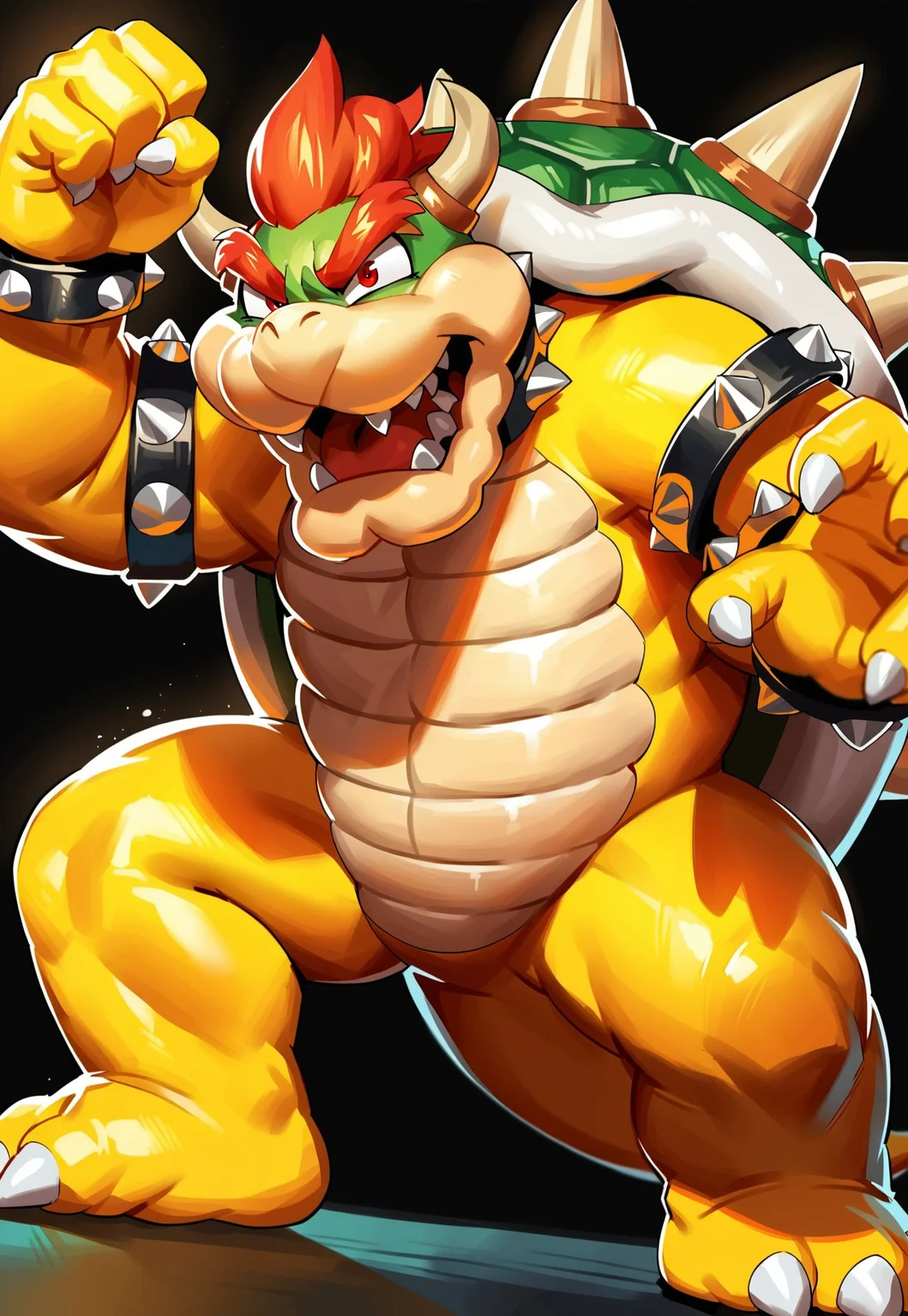 score_9, score_8_up, score_7_up, score_6_up, score_5_up, score_4_up, source_furry, hi res, black background, flames surrounding, sfw, legs spread, rimlight, solo, Bowser, Spiked Bracelets, Spiked Collar, Spiky Shell, red eyes, open mouth, action pose, fighting stance