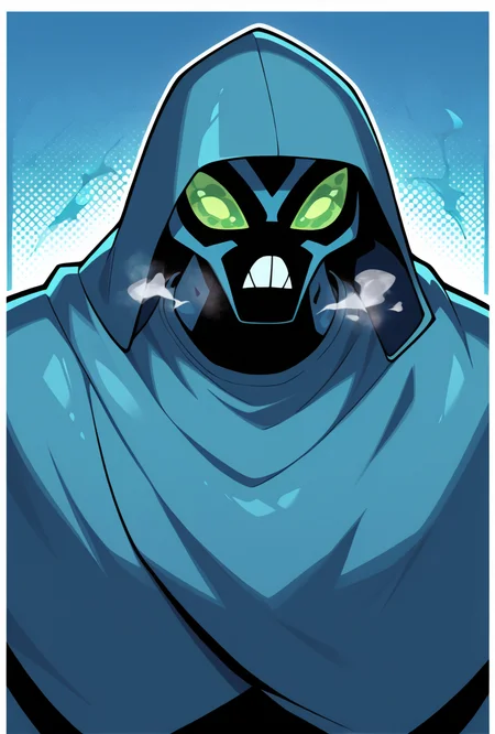 <lora:bigchill-07:1> bigchill, solo, 1boy, green eyes, blue skin, no humans, green sclera, teeth, hood, no pupils, dynamic pose, blue background, looking at viewer, steam breath, thick borders, masterpiece, best quality, amazing quality, very aesthetic, absurdres, newest,, upper body, halftone effect, white borders, abstract background:1.2,
