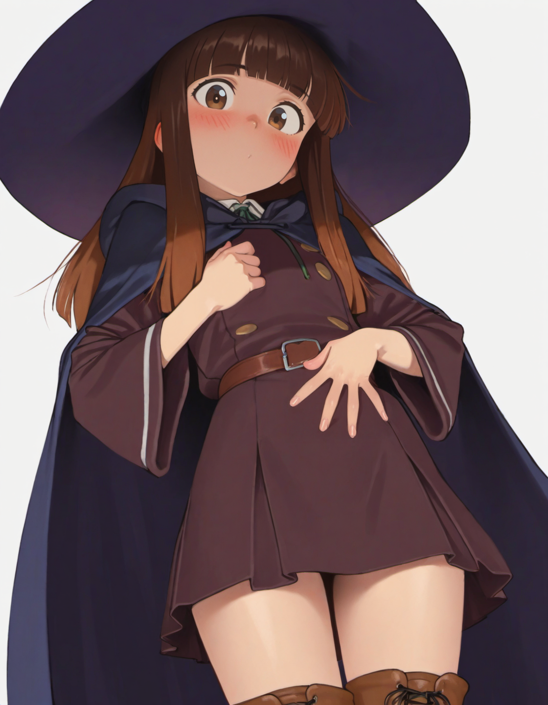 masterpiece, best quality, amazing quality, very aesthetic, high resolution, <lora:optionaltypo_style_v1_illustrious:0.9>, four fingers and a thumb,
typ0, 1girl, brown hair, hat, solo, witch hat, long hair, cowboy shot, boots, looking at viewer, simple background, (white background), witch, brown eyes, bangs, blunt bangs, knee boots, blush, long sleeves, full body, hood down, school uniform, hood, dress, wide sleeves, thighhighs, 
<lora:NOOB_EPSv1_1_detailer_by_vlnvk_v1_0:1>,