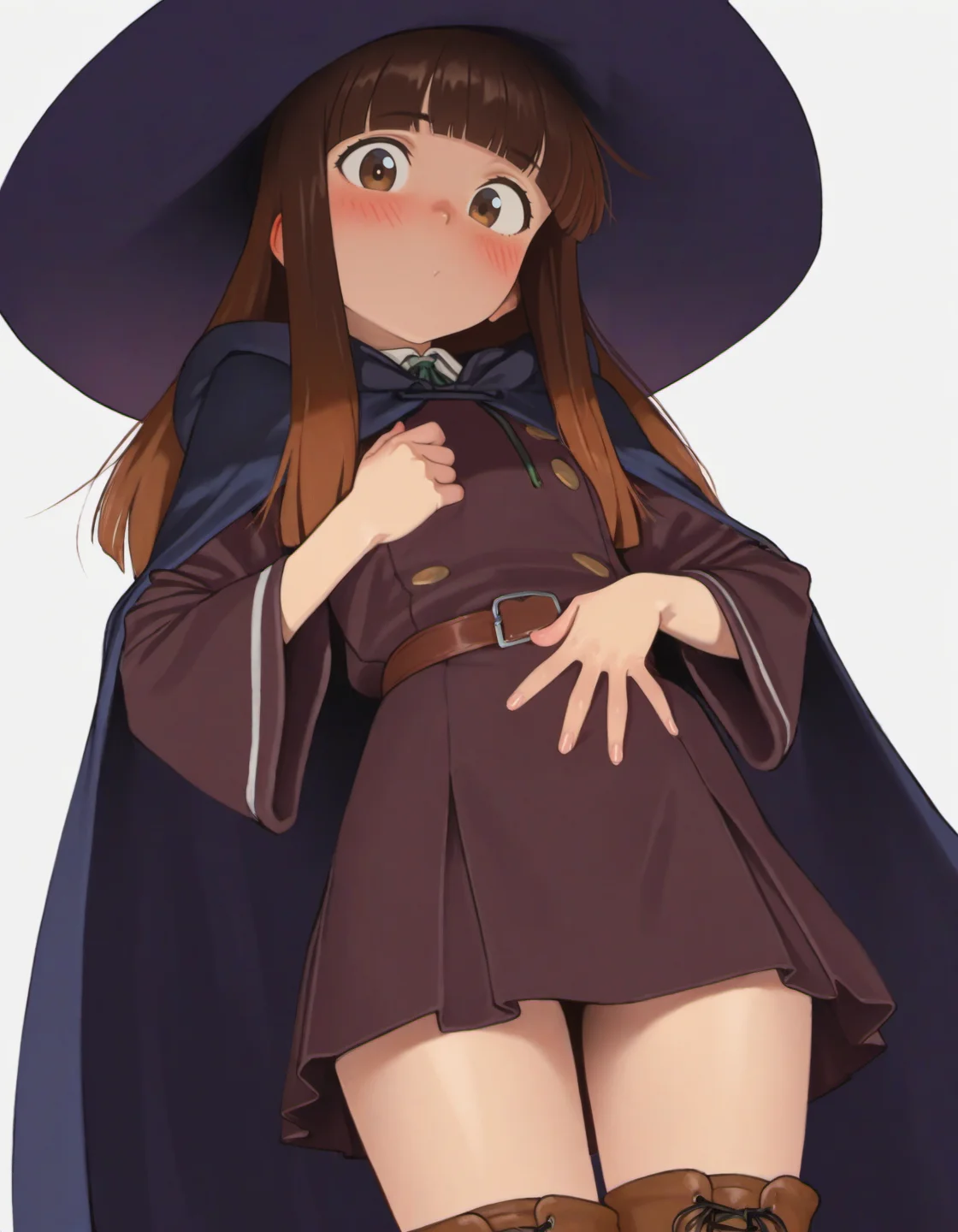 masterpiece, best quality, amazing quality, very aesthetic, high resolution, <lora:optionaltypo_style_v1_illustrious:0.9>, four fingers and a thumb,
typ0, 1girl, brown hair, hat, solo, witch hat, long hair, cowboy shot, boots, looking at viewer, simple background, (white background), witch, brown eyes, bangs, blunt bangs, knee boots, blush, long sleeves, full body, hood down, school uniform, hood, dress, wide sleeves, thighhighs,
<lora:NOOB_EPSv1_1_detailer_by_vlnvk_v1_0:1>,