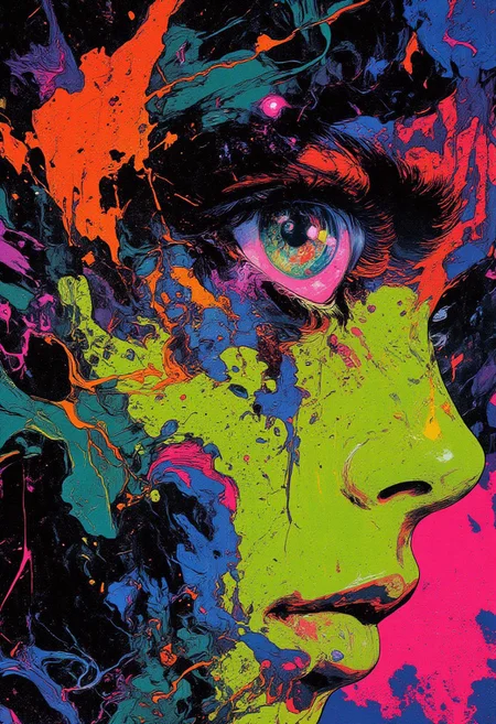 (toxic high contrast colors, extreme close-up, half face, eye focus) This high-resolution digital artwork presents an intense, surreal abstraction with only half of a female face dominating the frame. The extreme close-up captures piercing eye detail, where neon green, electric blue, and radioactive magenta clash in toxic high contrast, creating a hypnotic, almost blinding effect. Swirling, marble-like patterns in black, white, and searing yellow streak across her skin, warping fluidly like liquid metal. Her eye, hyper-detailed and glassy, reflects chaotic, prismatic distortions, while the sharp contours of her cheekbone dissolve into the vibrant void of color. The background is nonexistent, consumed by an abyss of blinding hues, forcing complete focus on the face’s fractured, high-voltage intensity. The blending of her skin into the psychedelic patterns creates an illusion of movement, as if reality itself is unraveling in waves of synthetic, hyperreal energy. The interplay of razor-sharp details and melting abstraction pulls the viewer into a warped visual vortex, where human form and electric surrealism merge into a striking, high-intensity optical overload.