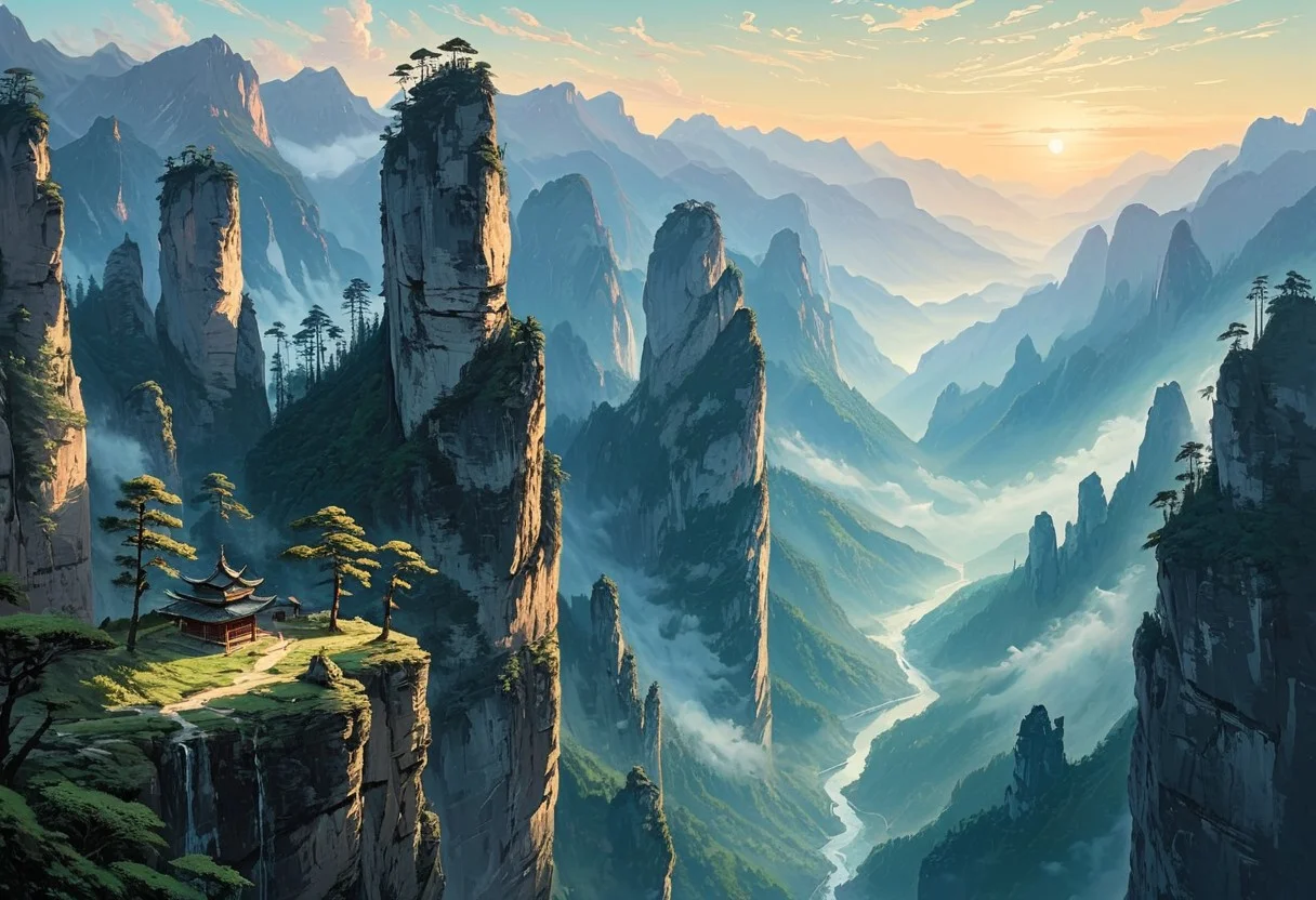 famous artwork, masterful use of light and shadow, masterful composition following the rule of thirds, chiaroscuro, dappled sunlight, at dawn, romanticism oil painting of the floating peaks of zhangjiajie in the style of caspar david friedrich, towering sandstone pillars rising through a sea of mist, their sheer cliffs overgrown with lush green vegetation with small accents of colorful wildflowers, the scene is bathed in a golden morning light, soft rays piercing through the ethereal mist, casting long shadows and highlighting the rugged texture of the stone, delicate wisps of cloud wrap around the formations, further emphasizing their towering grandeur, the atmosphere is serene yet awe-inspiring, evoking a sense of the sublime, a narrow, winding mountain path leads toward a detailed wooden bridge that connects two towering peaks, an ancient and awe-inspiring temple built in traditional chinese style sits atop a pillar in the middle ground