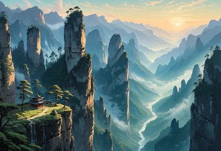 famous artwork, masterful use of light and shadow, masterful composition following the rule of thirds, chiaroscuro, dappled sunlight, at dawn, romanticism oil painting of the floating peaks of zhangjiajie in the style of caspar david friedrich, towering sandstone pillars rising through a sea of mist, their sheer cliffs overgrown with lush green vegetation with small accents of colorful wildflowers, the scene is bathed in a golden morning light, soft rays piercing through the ethereal mist, casting long shadows and highlighting the rugged texture of the stone, delicate wisps of cloud wrap around the formations, further emphasizing their towering grandeur, the atmosphere is serene yet awe-inspiring, evoking a sense of the sublime, a narrow, winding mountain path leads toward a detailed wooden bridge that connects two towering peaks, an ancient and awe-inspiring temple built in traditional chinese style sits atop a pillar in the middle ground