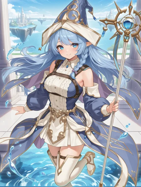 water enchantress of the temple, blue witch hat, witch dress, blue detached sleeves, white thighhighs, 1girl, staff, solo, water, holding staff, smile, looking at viewer, gold footwear, temple, indoor, floating island, floating water
masterpiece,best quality,amazing quality,very aesthetic,absurdres,newest,<lora:Water Enchantress of the temple illuXL v1.1:0.7>,