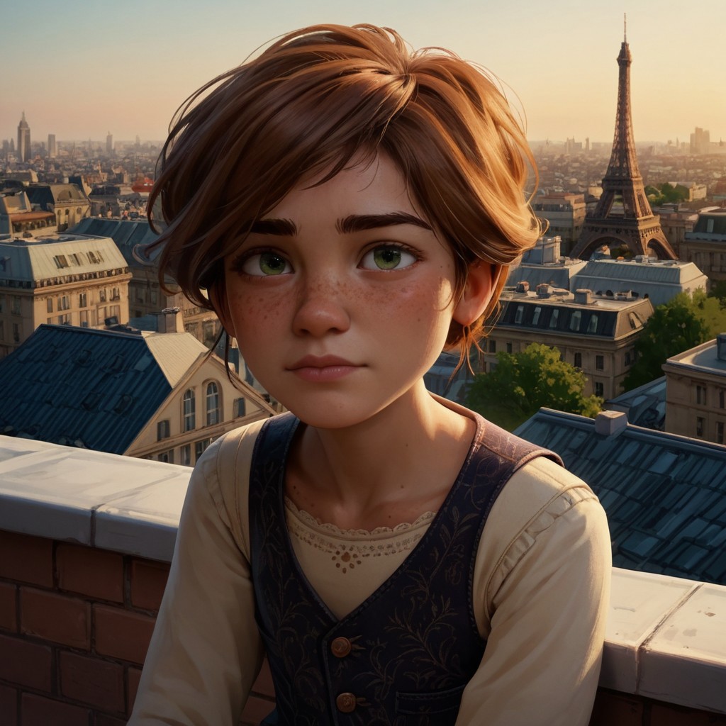 score_9, score_8_up, score_7_up, score_6_up, score_5_up, score_4_up, rating_safe, Félicie, sitting on a rooftop, paris, freckles, freckled chest, portrait, vest