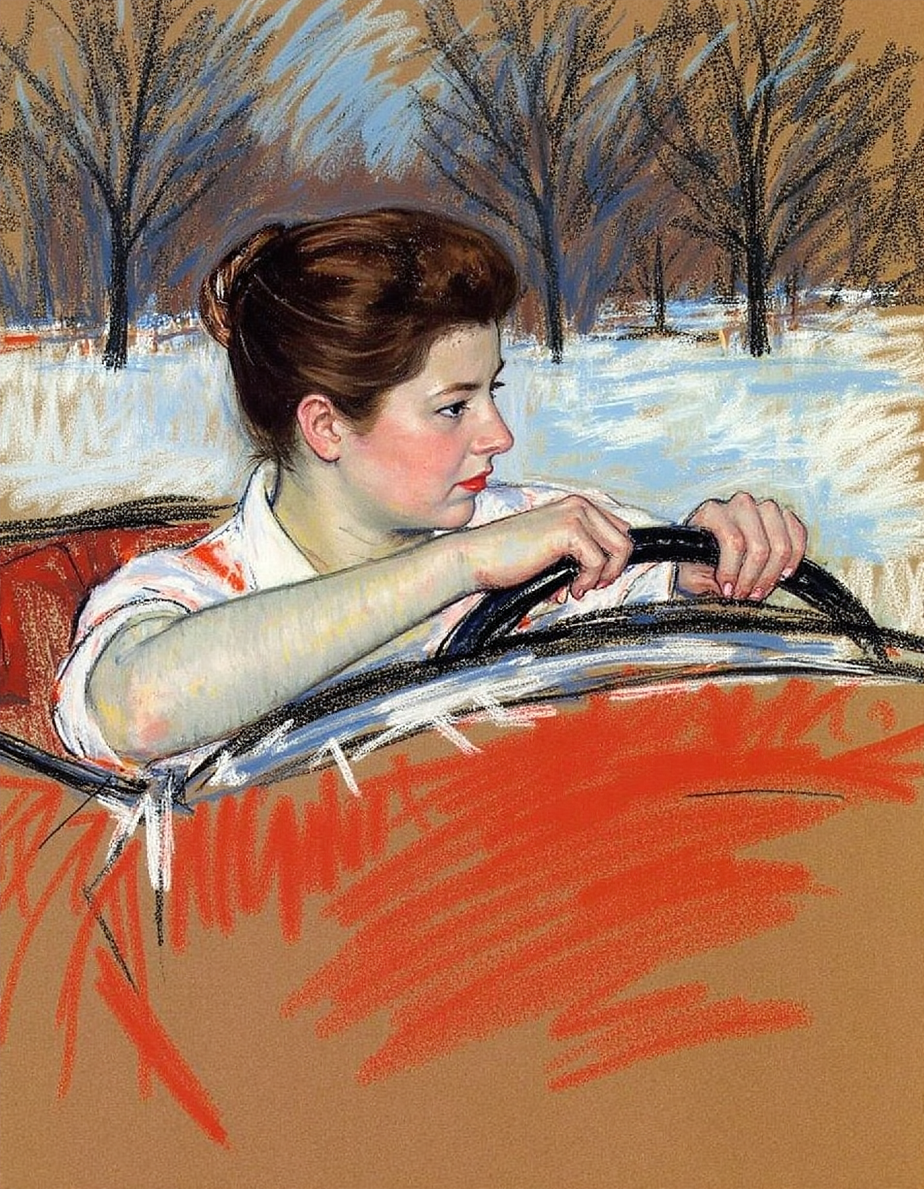 marycassatt2 drawing, a woman driving a 60s car in winter