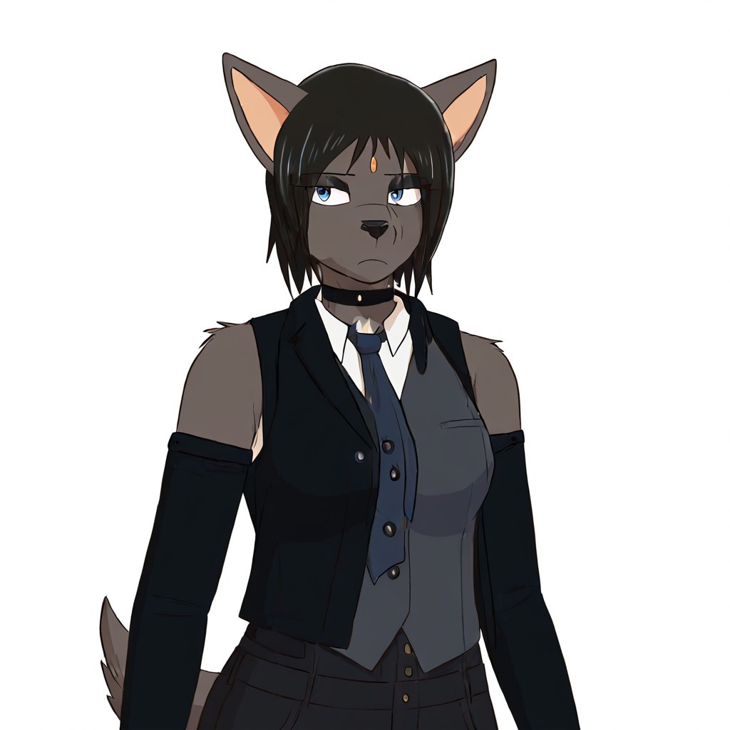 1r15,1girl,solo,furry,furry female,black hair,short hair,black hair,blue eyes,animl nose,snout,choker,body fur,grey fur,tail, detached sleeves, necktie, collared shirt, high-waisted jeans, denim vest, bare shoulders,