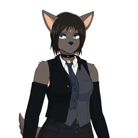 1r15,1girl,solo,furry,furry female,black hair,short hair,black hair,blue eyes,animl nose,snout,choker,body fur,grey fur,tail, detached sleeves, necktie, collared shirt, high-waisted jeans, denim vest, bare shoulders,