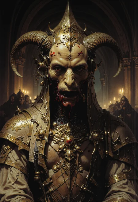 analog film photo . Frank Frazetta fantasy oil painting (art by Zdzislaw Beksinski:2), A front-facing portrait of an ancient, cannibalistic cult member (wearing an ornate beige half-mask adorned with twisted ram horns:2). His skin is unnaturally pale and sickly, with a bloodied mouth from which fresh blood drips down his chin. His expression is eerie and unsettling. The intricate mask partially covers his gaunt face, while the rest of his features, including his hollow eyes and sunken cheeks, add to his terrifying appearance. He is dressed in a richly decorated religious robe, also in beige, covered with elaborate symbols and patterns. The background is the dimly lit interior of a chapel, illuminated only by flickering candlelight, casting haunting shadows across the stone walls, enhancing the dark, ritualistic atmosphere. grimdark, mythp0rt, FredFraiStyle <lora:- Flux1 - vanta_black_V1.0.safetensors:0.75>,  <lora:FluxMythP0rtr4itStyle.safetensors:1.0>,  <lora:FredFraiStyle-FLUX-Share.safetensors:0.5>,  <lora:Warhammer_Rogue_Trader_Style_flux-000021.safetensors:0.5>,  <lora:aiai-Glimra-Flux-Dev-v2.safetensors:0.5>,  <lora:ARTifacts.safetensors:0.5>,  <lora:Movie_Portrait.safetensors:0.5>,  <lora:m100-style_v.02.safetensors:0.25>,  <lora:frazetta_flux_v2-000150.safetensors:0.5>,   . faded film, desaturated, 35mm photo, grainy, vignette, vintage, Kodachrome, Lomography, stained, highly detailed, found footage