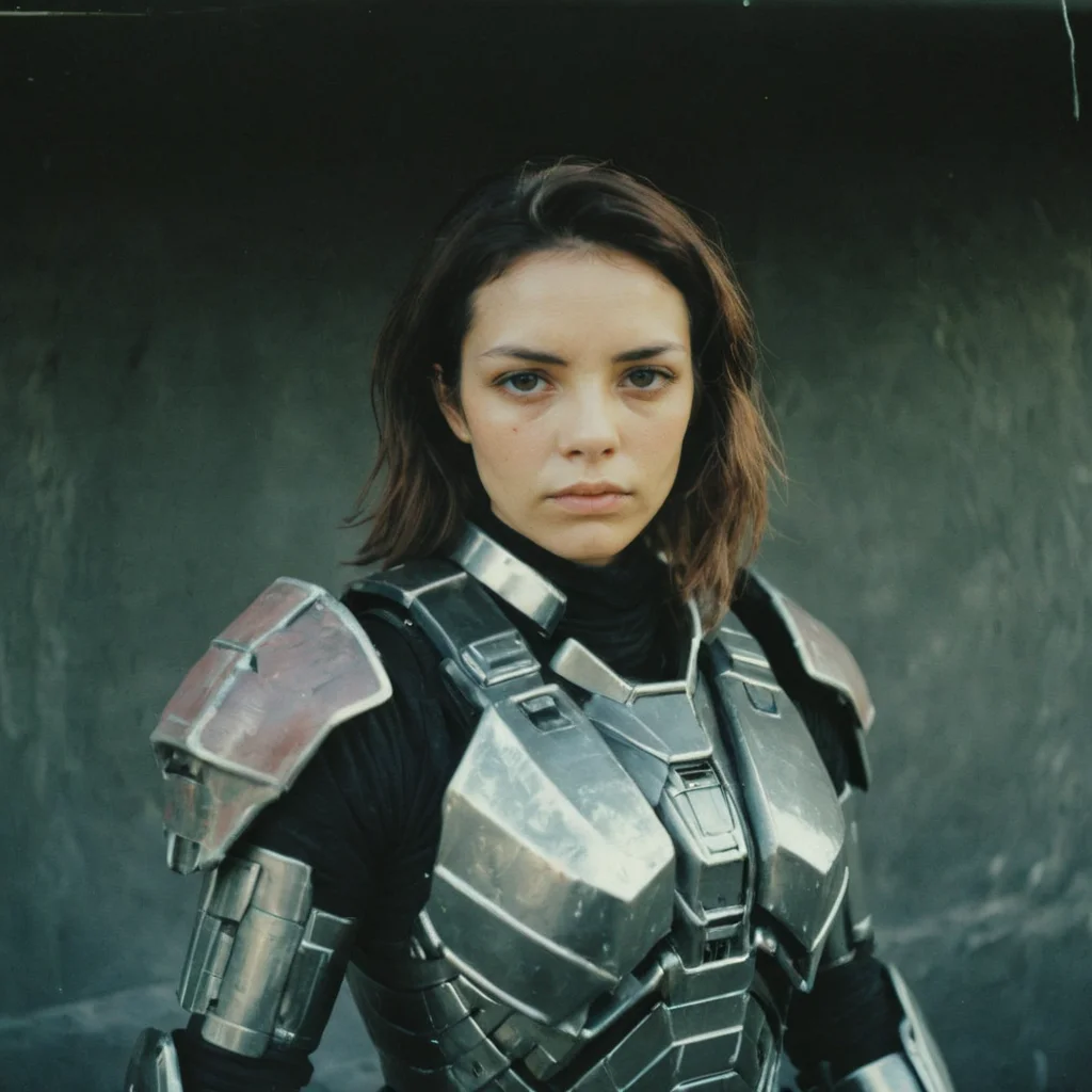 polaroid film photography, faded film, soft focus, woman wearing mecha armor