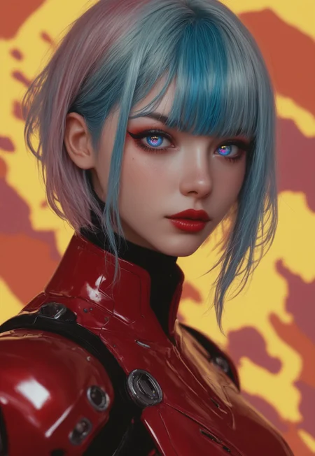 masterpiece, best quality, highly detailed, score_9, score_8_up, score_7_up, Expressiveh,
silhouette art, animeanime image of a robotic cyberpunk female warrior, long multicoloured hair (platinum with red and blue highlights or streaks), bangs, dark eyeshadow, red lips, chrome and red armour, silhouetted, chiascuro, glowing eyes, abstract dark cyberpunk background
<lora:Dynamic Poses:1>
<lora:detailed_notrigger:1>
(((full clothed))),