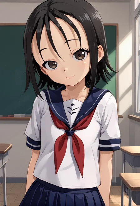 <lora:rindou:1> rindou, smile, solo, looking at viewer, white serafuku, red neckerchief, classroom, short sleeves,