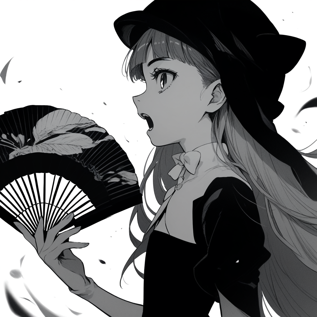 anime coloring, score_9, score_8_up, score_7_up, score_6_up, jane elves, toaru, 1girl, monochrome, greyscale, hand fan, solo, slit pupils, hat, black dress, profile, long hair, caplet, open mouth, looking at viewer, flat chest