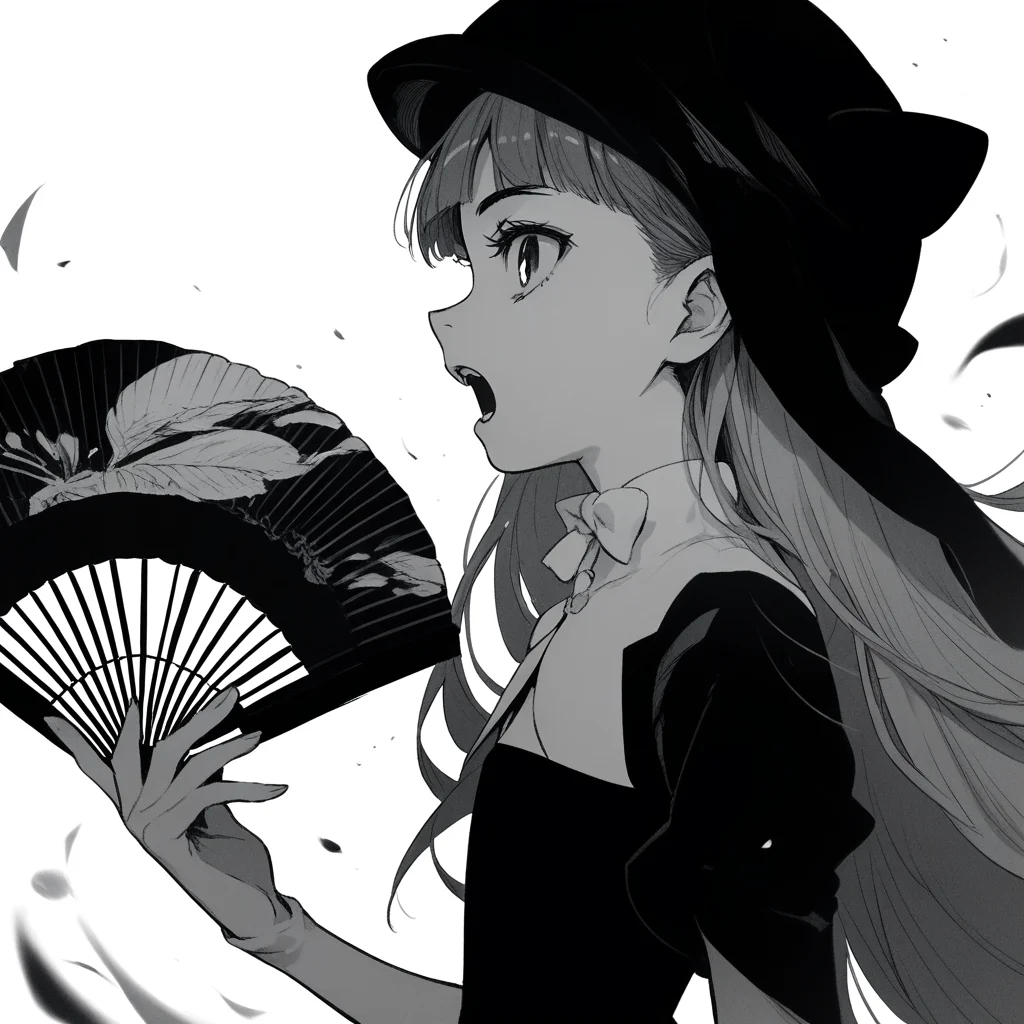 anime coloring, score_9, score_8_up, score_7_up, score_6_up, jane elves, toaru, 1girl, monochrome, greyscale, hand fan, solo, slit pupils, hat, black dress, profile, long hair, caplet, open mouth, looking at viewer, flat chest