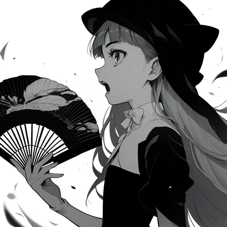 anime coloring, score_9, score_8_up, score_7_up, score_6_up, jane elves, toaru, 1girl, monochrome, greyscale, hand fan, solo, slit pupils, hat, black dress, profile, long hair, caplet, open mouth, looking at viewer, flat chest