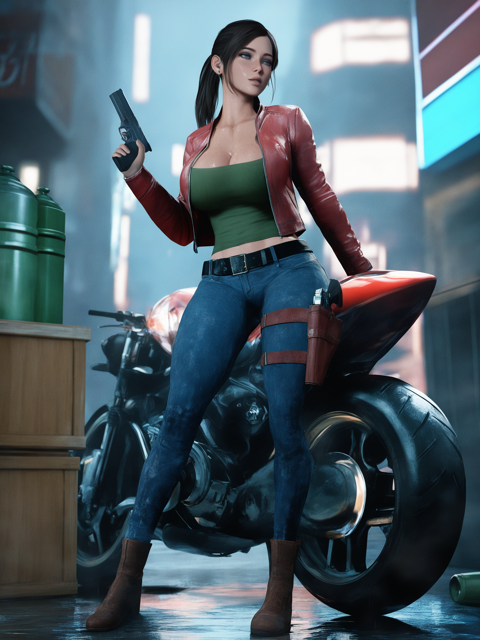 masterpiece, best quality, highres, absurdres, very awa, (bloom:1.1), shadow, sidelighting, 3d \(realistic\),  blurry background, depth of field, 
1girl, claire redfield, leaning back, motorcycle, standing, leaning against motorcycle, leaning back, feet out of frame, heel up, hand up, holding handgun, trigger discipline, 
looking to the side, half-closed eyes, parted lips,
earrings, black hair, blue eyes, low ponytail, freckles, shiny face,
large breasts, cleavage, red jacket, open jacket, leather jacket, green undershirt, cleavage, jeans, ankle boots, brown footwear, black belt, thigh holster, sheathed handgun,
toned, large breasts, shiny skin, wet, collarbone,
outdoors, night, rain, wet clothes, puddle, wet floor, dark alley, city, city lights, road, garbage, crate, oil can,
<lora:3DStyle Locon NoobAI VPRED 1224 V4 RealisticCartoon3D dec0.05 tagdrop01 Fix:1> 5 fingers