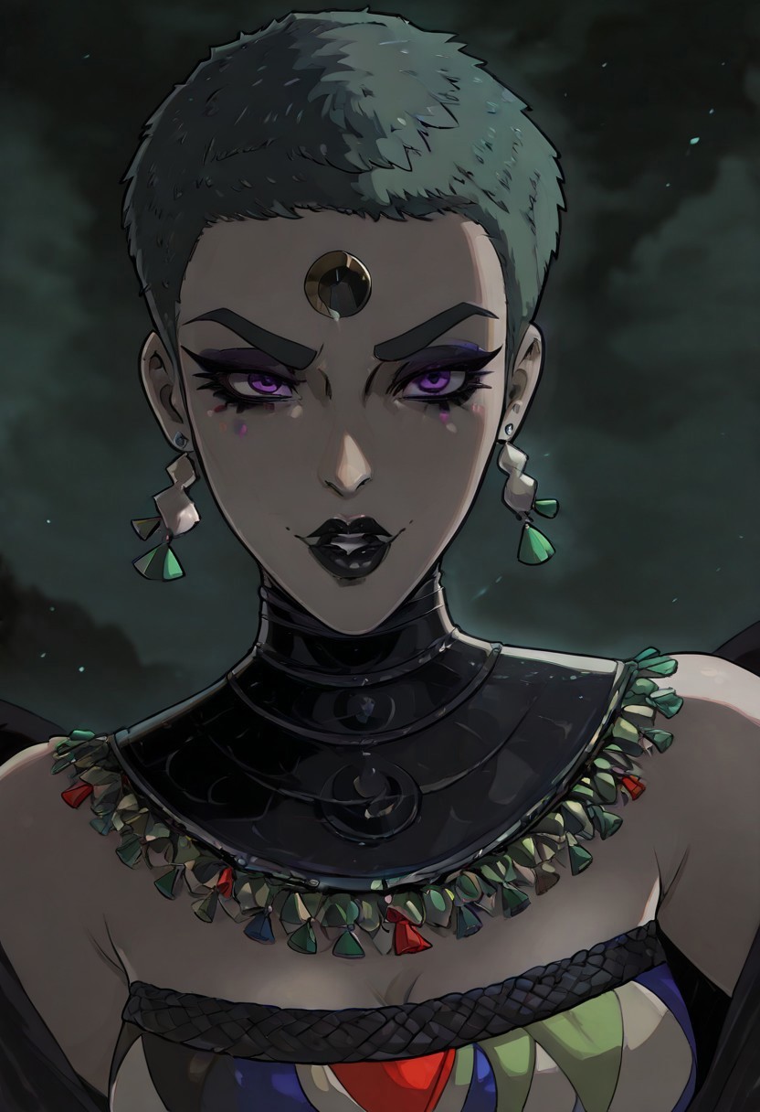 masterpiece, best quality, newest, absurdres, highres, HadesCharacterArtstyle-IL-V1.0, 1girl, Eris-ILV1.0, short hair, Purple eyes, green hair, jewelry, earrings,
eyliner, makeup, lipstick, black lips,